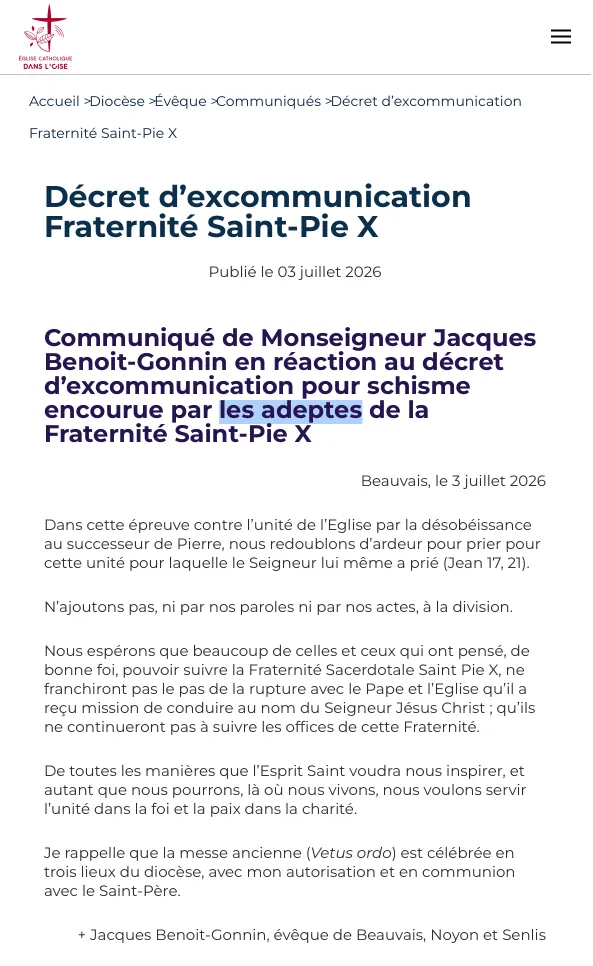Communiqué de Monseigneur Benoit-Gonnin